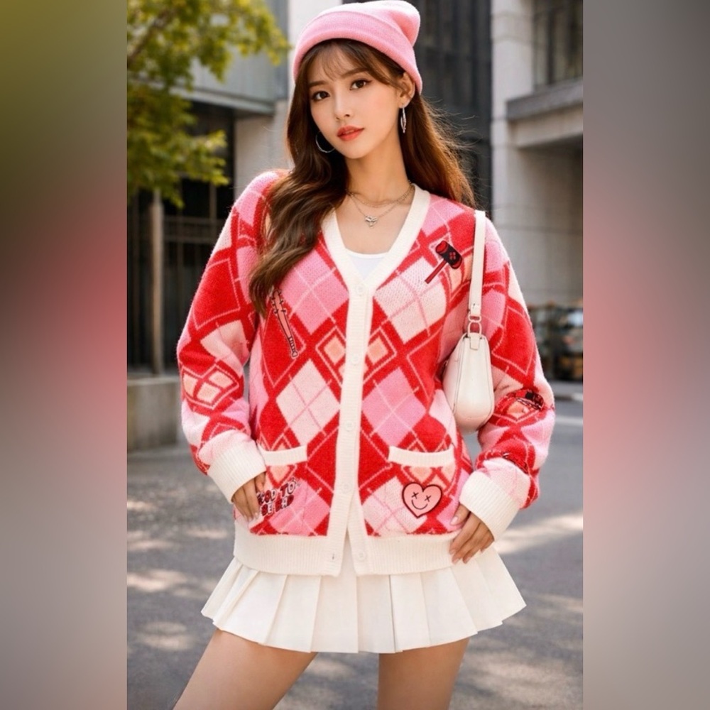 DC Comics Harley Quinn Diamond Cardigan with Patches Red/White/Pink-Small-NWT